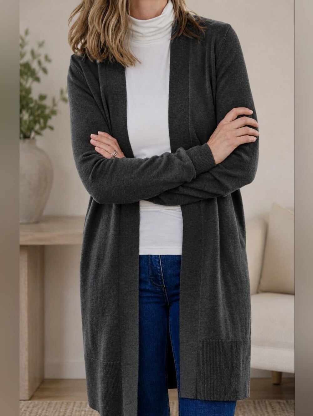 WOOLOVERS Cashemere and Merino Wool Edge to Edge Long Cardigan In Grey XL
